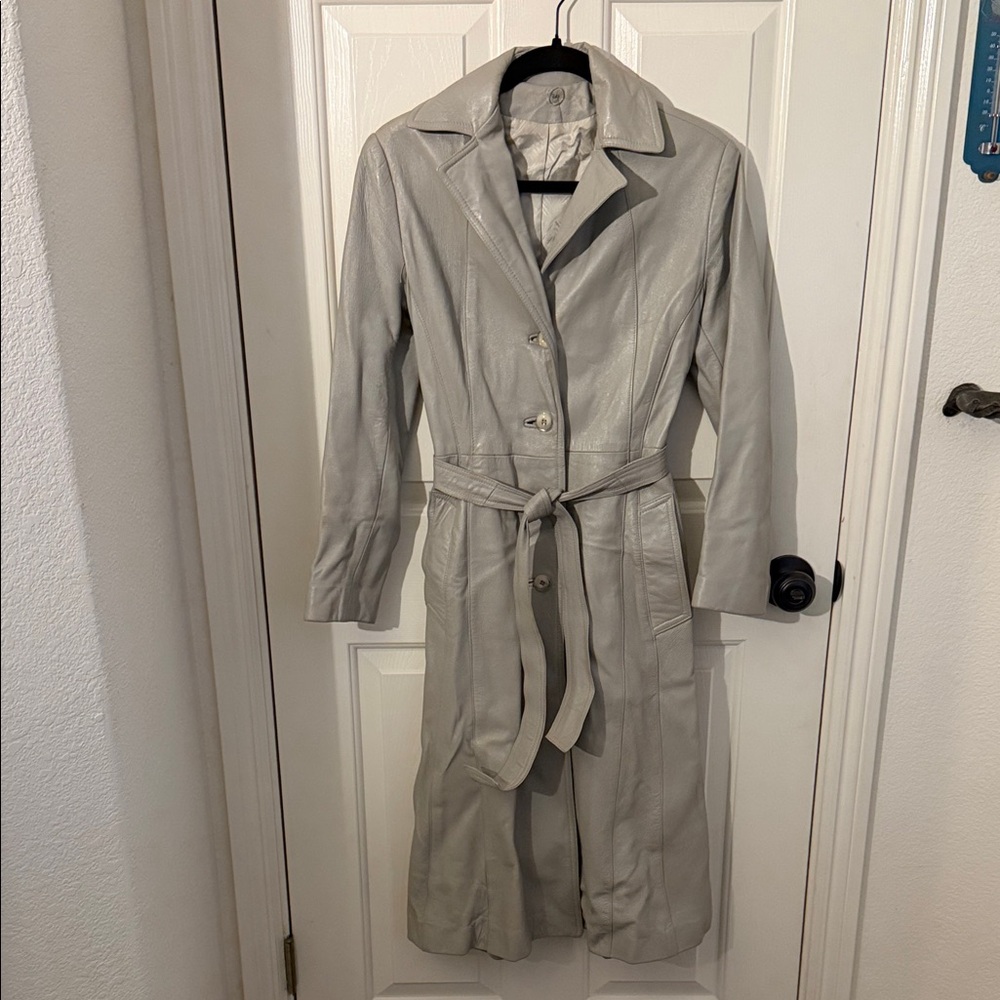 Vintage Genuine Leather Gray Women's Belted Trench Coat